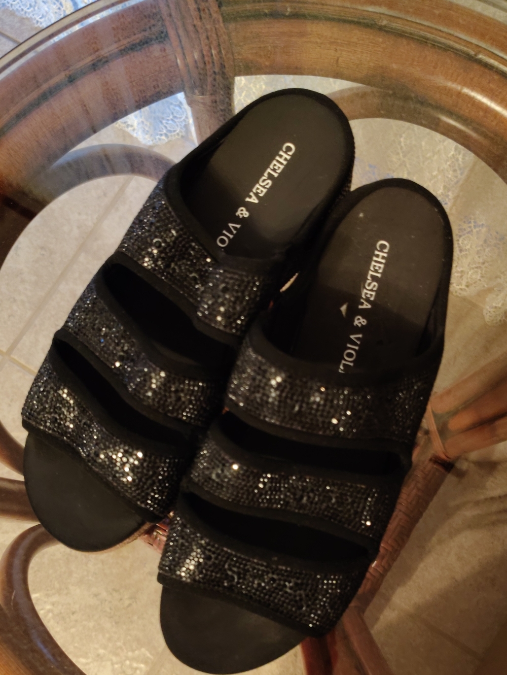 Chelsea & Violet Black Glitter Three-Strap Slides